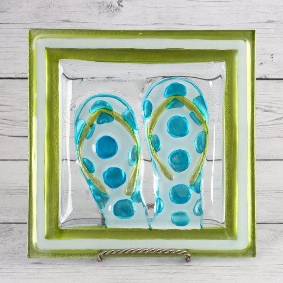 Trinket Tray Blue Polka-Dot Flip-Flop Plate 7in Square - Picture 2 of 5